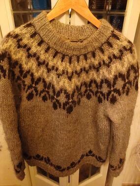 Men's Crewneck Wool Sweater in Taupe with Dark Brown Fair Isle Yoke